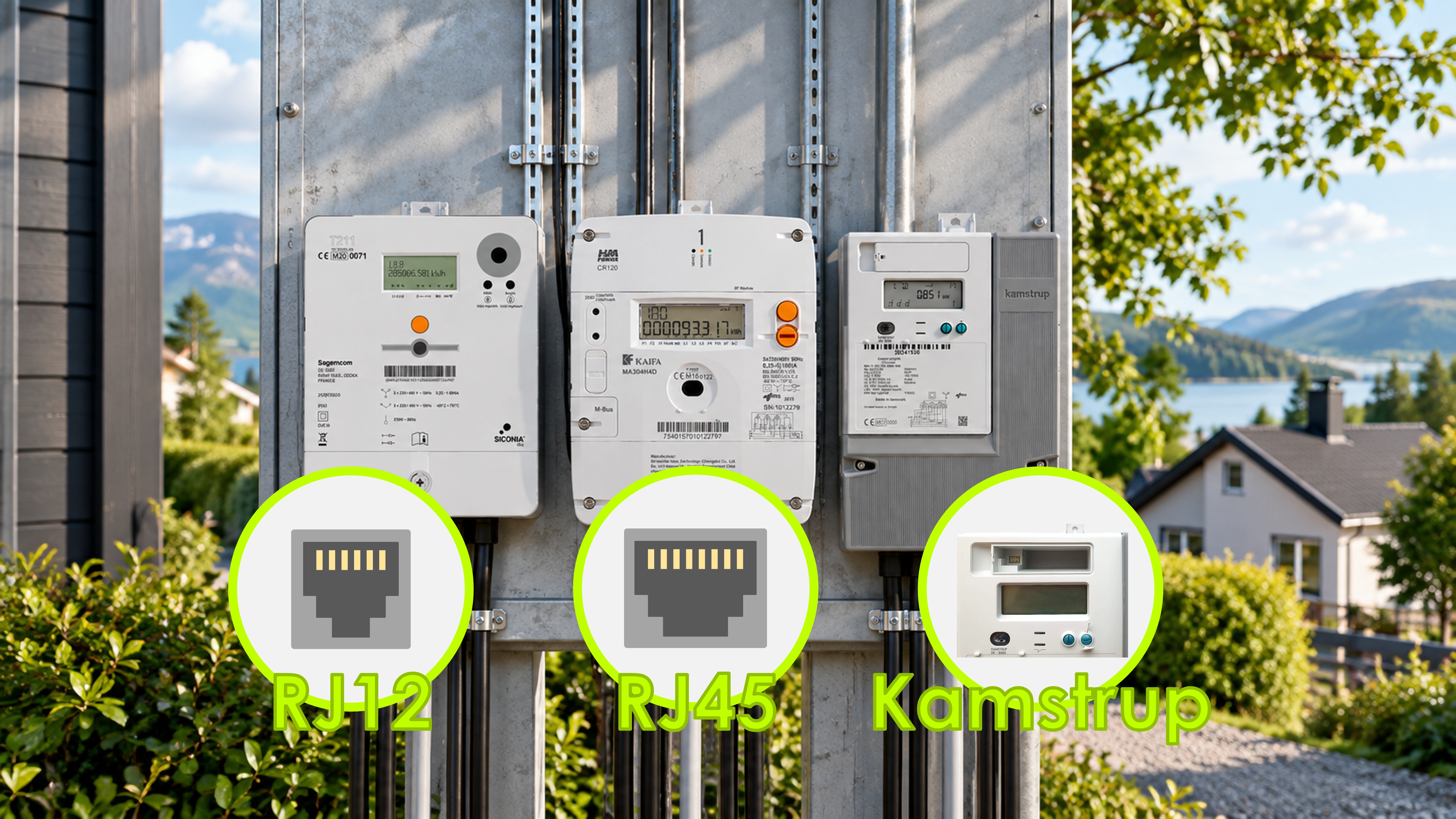 RJ12, RJ45, and Kamstrup OMNIPOWER customer ports on three electricity meters